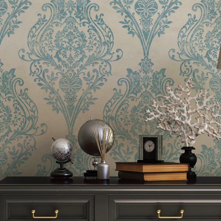 Estate Damask Non-Pasted Wallpaper - A black dresser with books in front of Estate Damask Unpasted Wallpaper in coastal blue damask | Tempaper#color_coastal-blue-damask