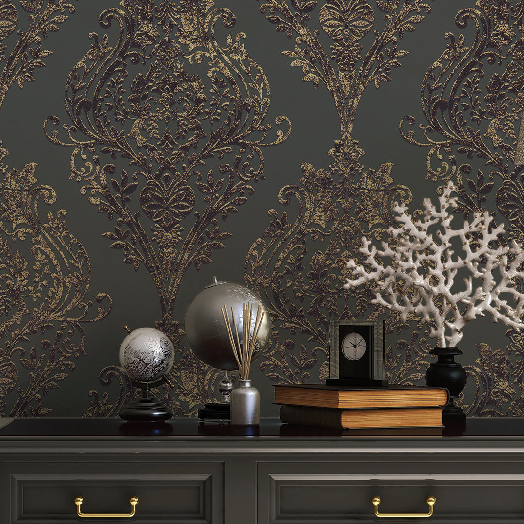 Estate Damask Non-Pasted Wallpaper - A black dresser with books in front of Estate Damask Unpasted Wallpaper in charcoal damask | Tempaper#color_charcoal-damask