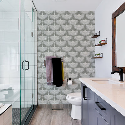 Feather Flock Removable Wallpaper - A grey vanity, wood mirror, and wood shelves in a bathroom featuring Tempaper's Feather Flock Peel And Stick Wallpaper in chalk scallops#color_chalk-scallops