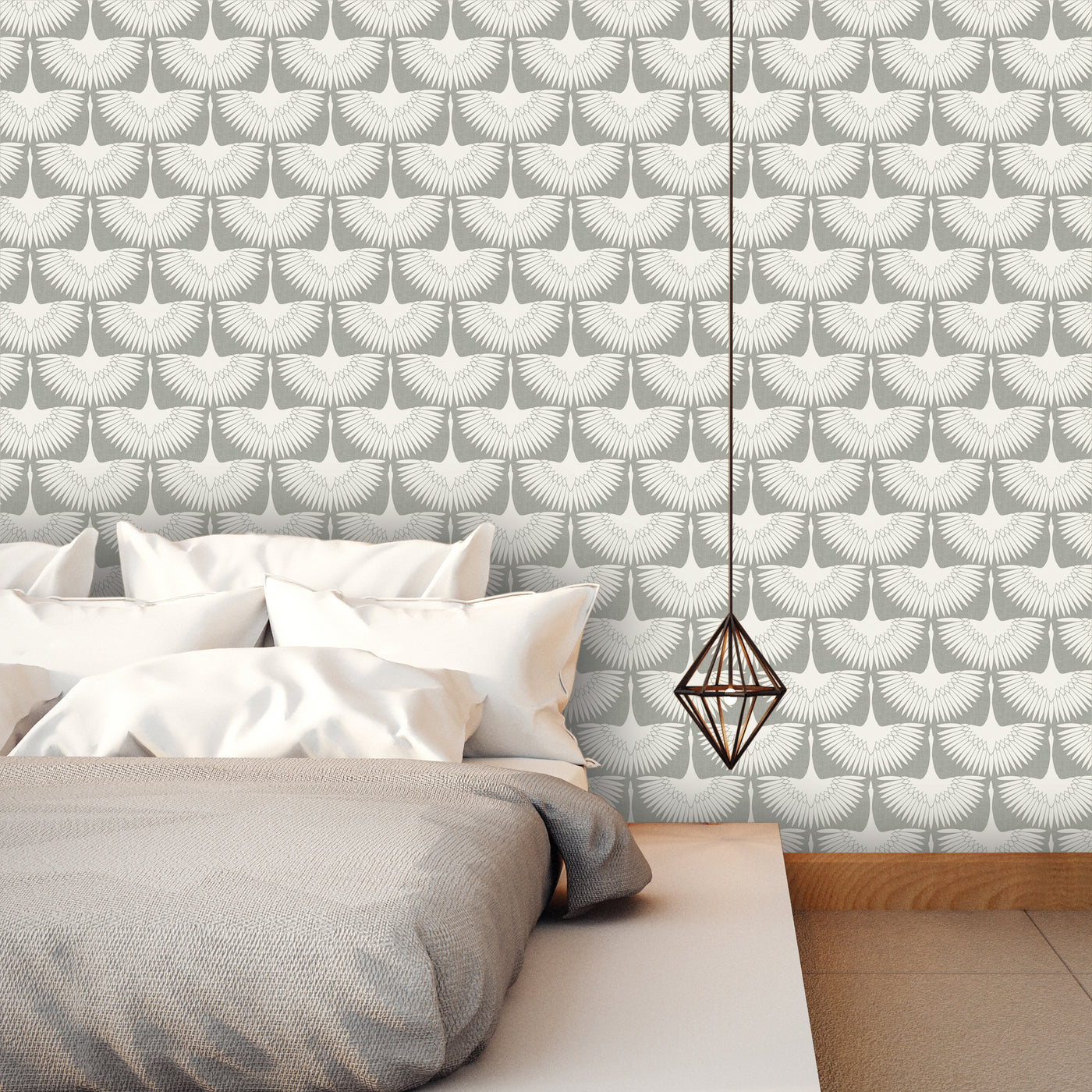 Feather Flock Removable Wallpaper - A bed with white pillows and a brown light in a bedroom featuring Tempaper's Feather Flock Peel And Stick Wallpaper in chalk scallops#color_chalk-scallops