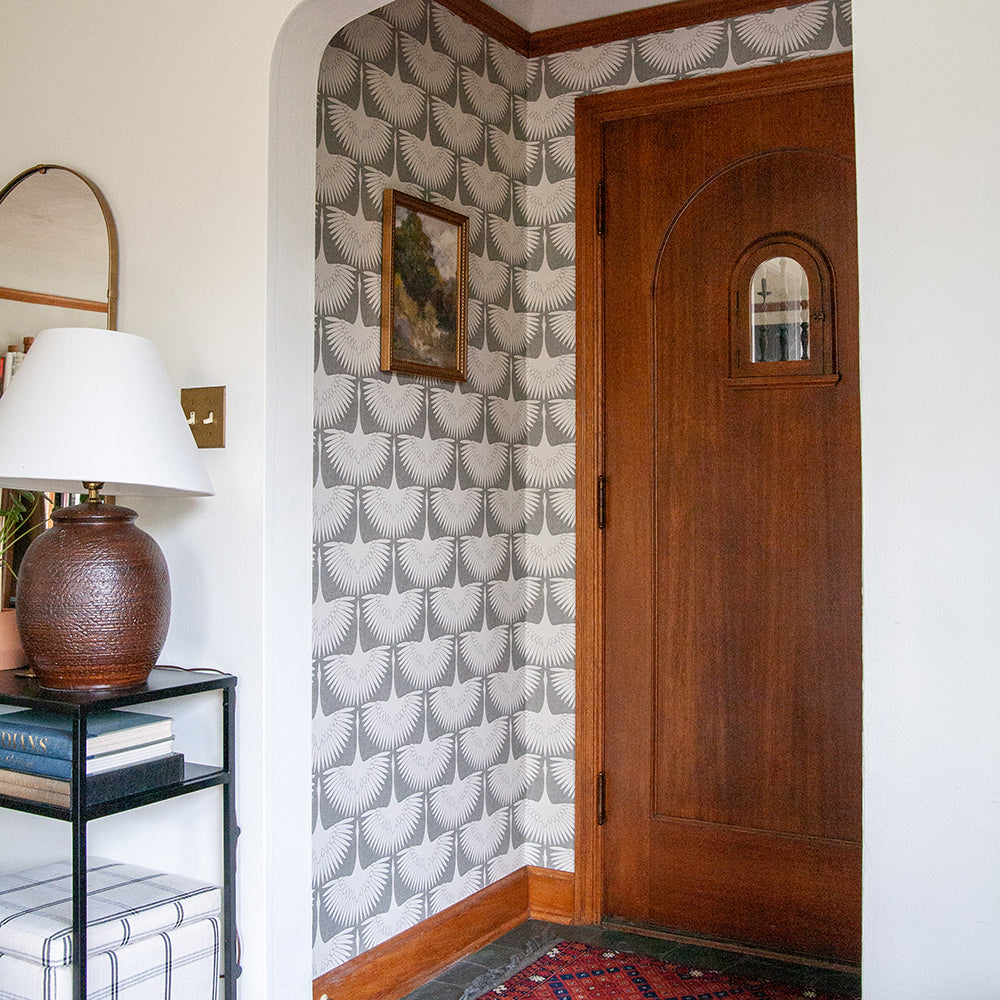 Feather Flock Removable Wallpaper - A doorway featuring Tempaper's Feather Flock Peel And Stick Wallpaper in chalk scallops#color_chalk-scallops