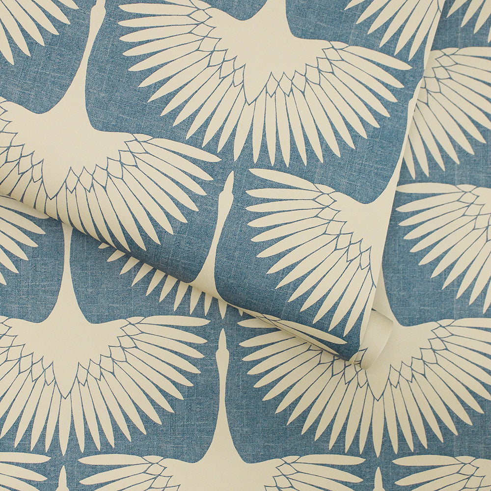 Feather Flock Removable Wallpaper - A roll of Tempaper's Feather Flock Peel And Stick Wallpaper in denim blue scallops#color_denim-blue-scallops