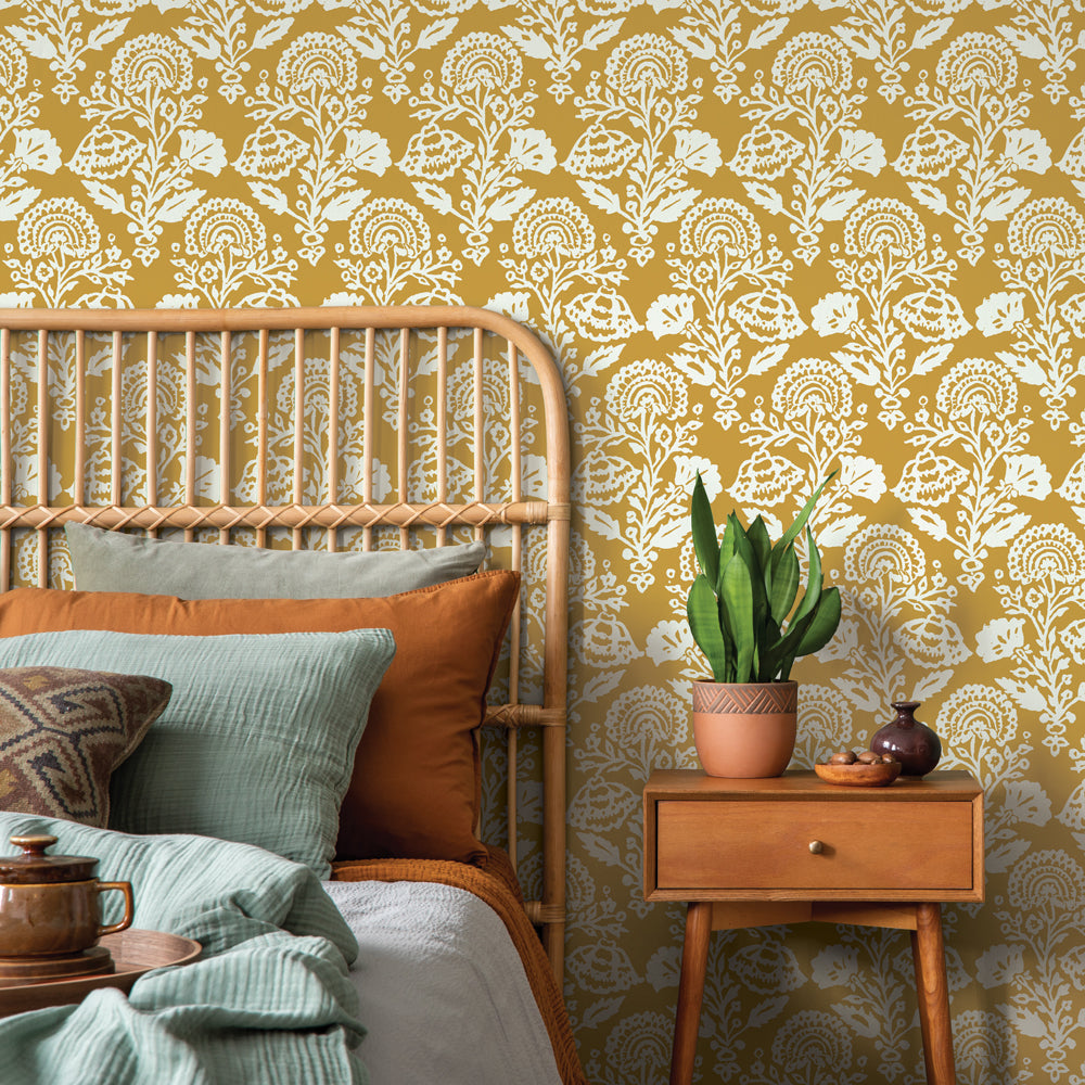 yellow damask removable wallpaper bedroom#color_ochre