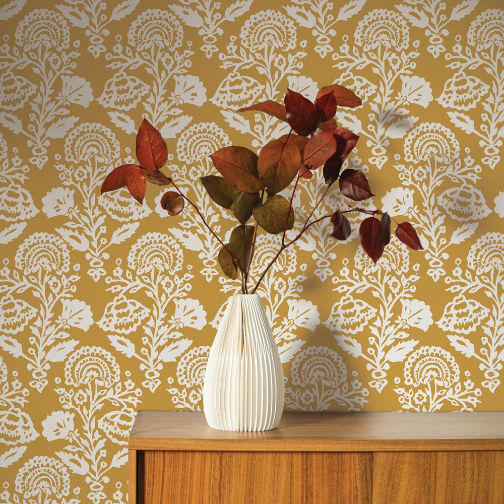 yellow vintage damask wallpaper#color_ochre
