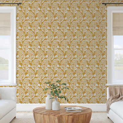 yellow damask floral peel and stick wallpaper livingroom#color_ochre