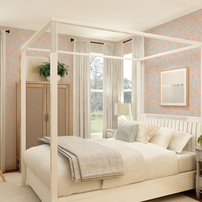 Pastel flamingo wallpaper in a neutral bedroom with a canopy bed #color_pastel-pink-and-blue