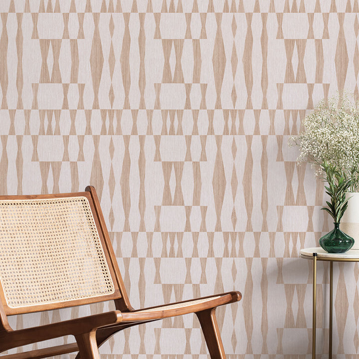 Faux Grasscloth Geo Removable Wallpaper - A wood chair and gold table with a green vase on top in a room featuring Faux Grasscloth Geo Peel And Stick Wallpaper in textured jute | Tempaper#color_textured-jute