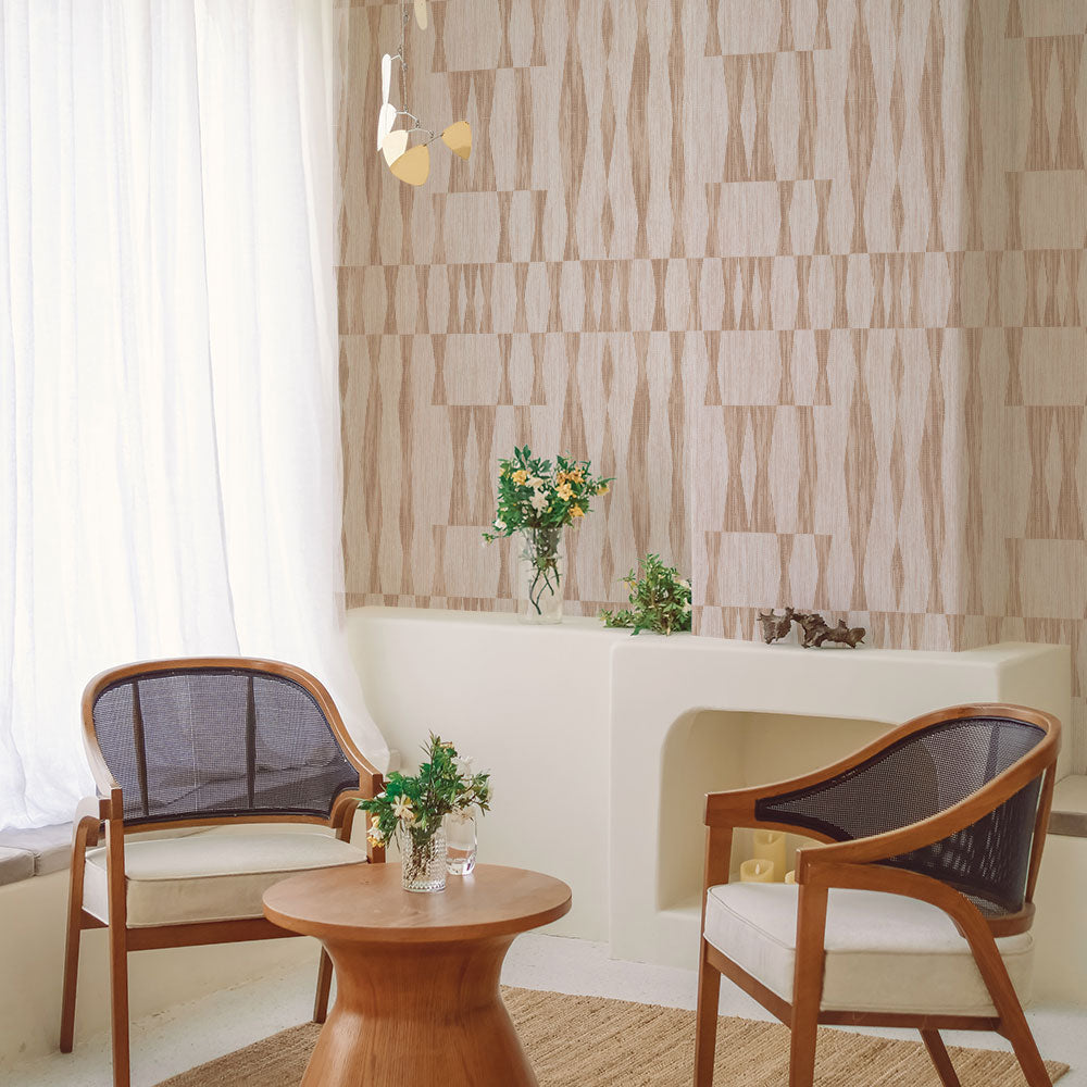 Faux Grasscloth Geo Removable Wallpaper - Two wood chairs and a wood circle coffee table in a room featuring Faux Grasscloth Geo Peel And Stick Wallpaper in textured jute | Tempaper#color_textured-jute