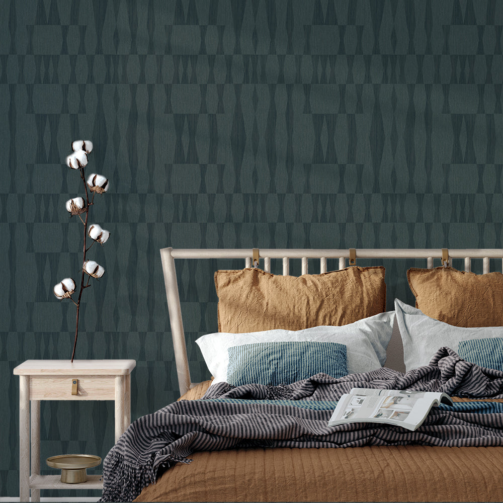 Faux Grasscloth Geo Removable Wallpaper - A bed and wood nightstand in a bedroom featuring Faux Grasscloth Peel And Stick Wallpaper in textured seagrass | Tempaper#color_textured-seagrass