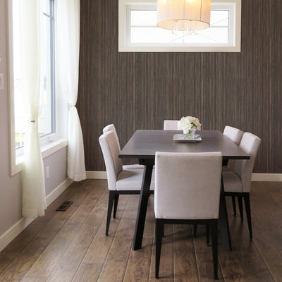 Faux Grasscloth Removable Wallpaper - A brown table and white chairs in a dining room featuring Faux Grasscloth Peel And Stick Wallpaper in textured bronze | Tempaper#color_textured-bronze
