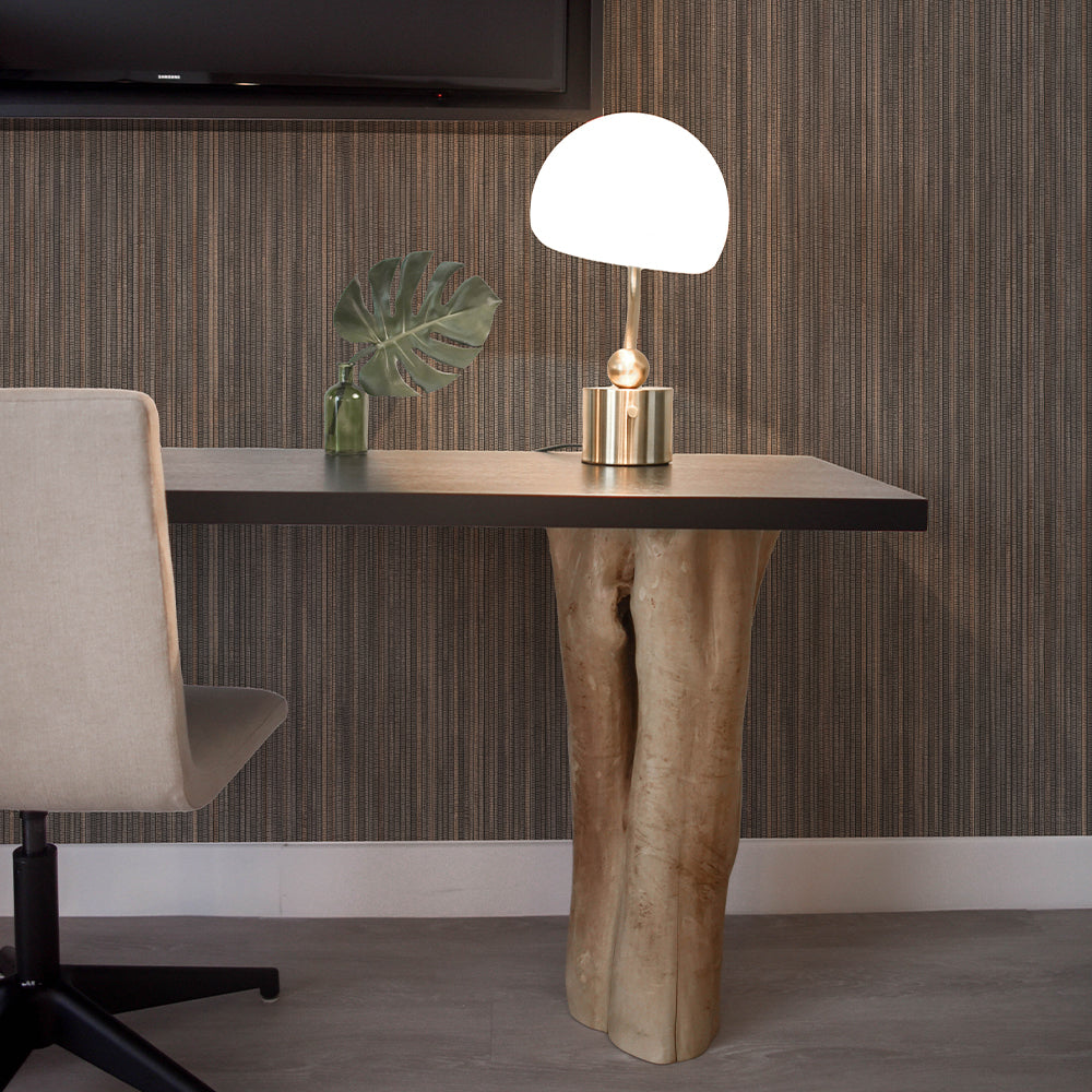 Faux Grasscloth Removable Wallpaper - A desk and chair in an office featuring Faux Grasscloth Peel And Stick Wallpaper in textured bronze | Tempaper#color_textured-bronze