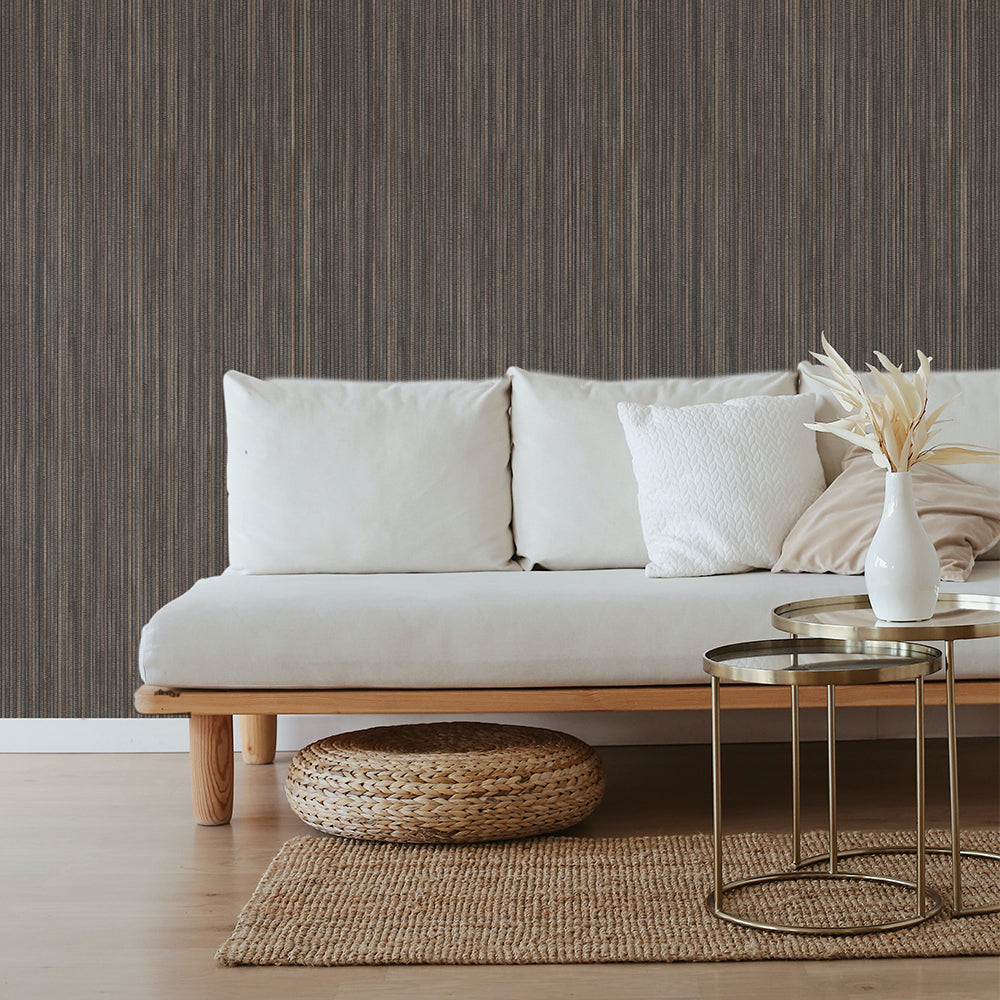 Faux Grasscloth Removable Wallpaper - A white couch and metal coffee table in front of Faux Grasscloth Peel And Stick Wallpaper in textured bronze | Tempaper#color_textured-bronze