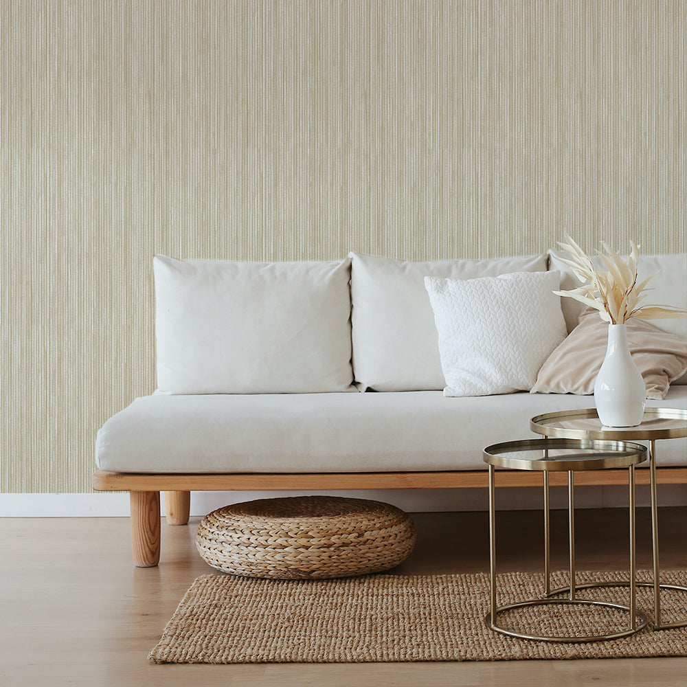 Faux Grasscloth Removable Wallpaper - A white couch and metal coffee table in front of Faux Grasscloth Peel And Stick Wallpaper in textured sand | Tempaper#color_textured-sand