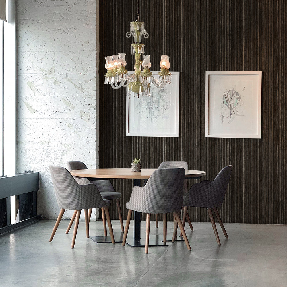 Faux Grasscloth Removable Wallpaper - Five chairs and a wood table underneath two pictures in a  room featuring Faux Grasscloth Peel And Stick Wallpaper in textured black linen | Tempaper#color_textured-black-linen