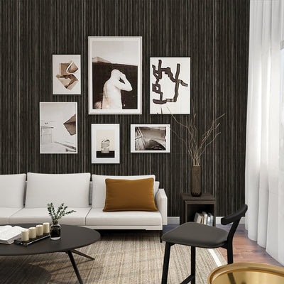 Faux Grasscloth Removable Wallpaper - A white couch and black coffee table in a living room featuring Faux Grasscloth Peel And Stick Wallpaper in textured black linen | Tempaper#color_textured-black-linen
