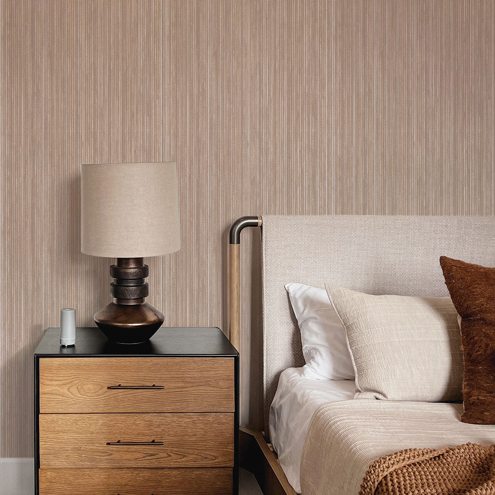 Faux Grasscloth Removable Wallpaper - A bedroom with a bed and wood nightstand featuring Faux Grasscloth Peel And Stick Wallpaper in textured neutral | Tempaper#color_textured-neutral