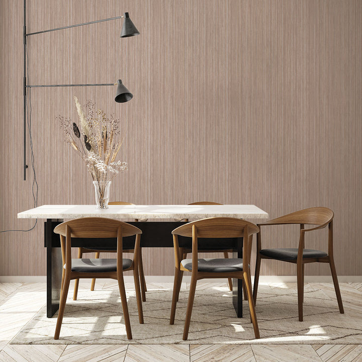 Faux Grasscloth Removable Wallpaper - A dining table and five wood chairs in a room featuring Faux Grasscloth Peel And Stick Wallpaper in textured neutral | Tempaper#color_textured-neutral