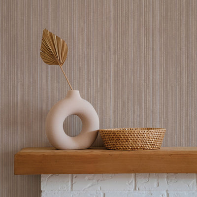 Faux Grasscloth Removable Wallpaper - A mantle with a wood shelf in a room featuring Faux Grasscloth Peel And Stick Wallpaper in textured neutral | Tempaper#color_textured-neutral