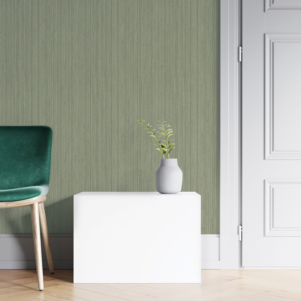 Faux Grasscloth Removable Wallpaper - A green chair and white table in a room featuring Faux Grasscloth Peel And Stick Wallpaper in textured sage | Tempaper#color_textured-sage