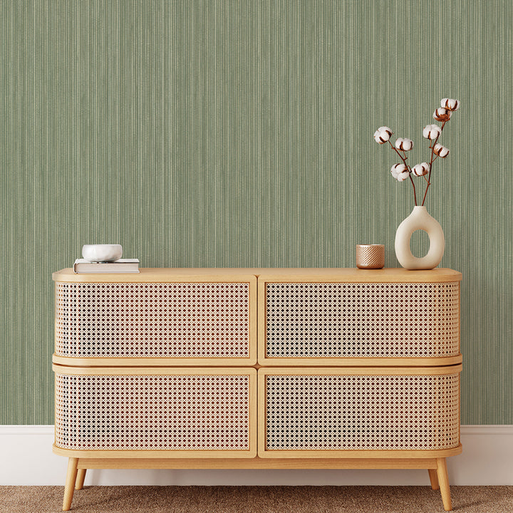 Faux Grasscloth Removable Wallpaper - A wood dresser in a room featuring Faux Grasscloth Peel And Stick Wallpaper in textured sage | Tempaper#color_textured-sage