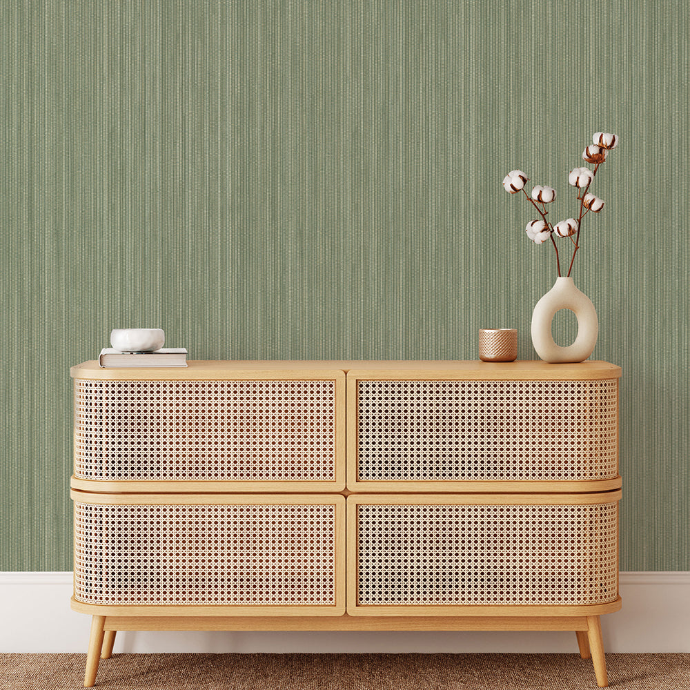 Faux Grasscloth Removable Wallpaper - A wood dresser in a room featuring Faux Grasscloth Peel And Stick Wallpaper in textured sage | Tempaper#color_textured-sage