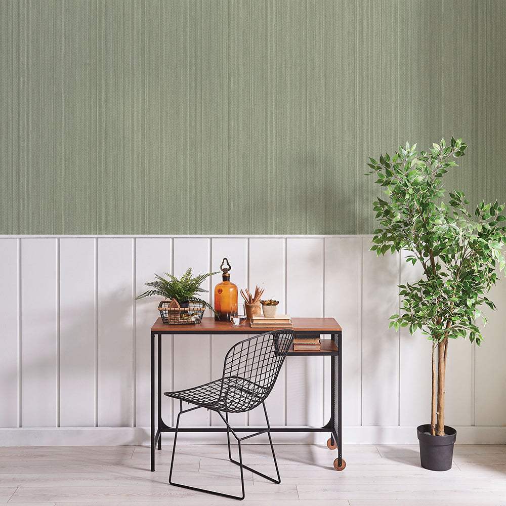 Faux Grasscloth Removable Wallpaper - A wood desk with a black chair and a plant in a room featuring Faux Grasscloth Peel And Stick Wallpaper in textured sage | Tempaper#color_textured-sage