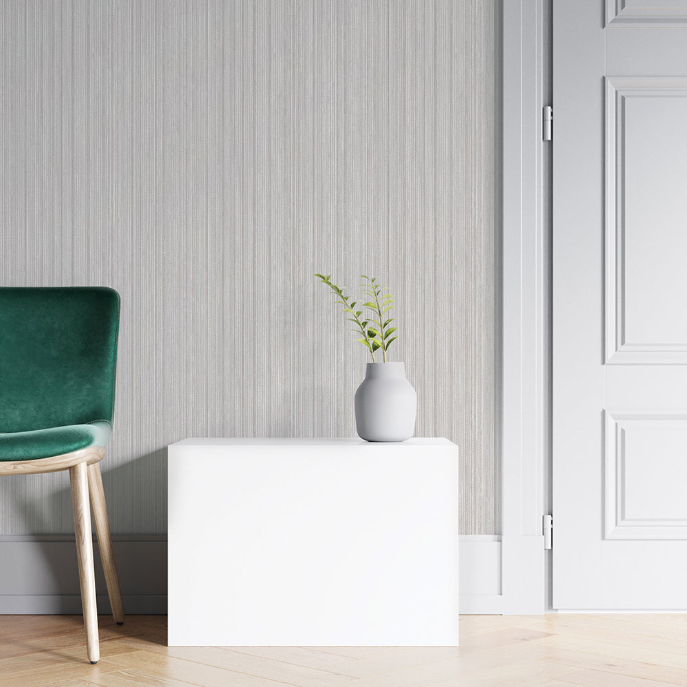 Faux Grasscloth Removable Wallpaper - A green chair and white table in a room featuring Faux Grasscloth Peel And Stick Wallpaper in textured sterling silver | Tempaper#color_textured-sterling-silver