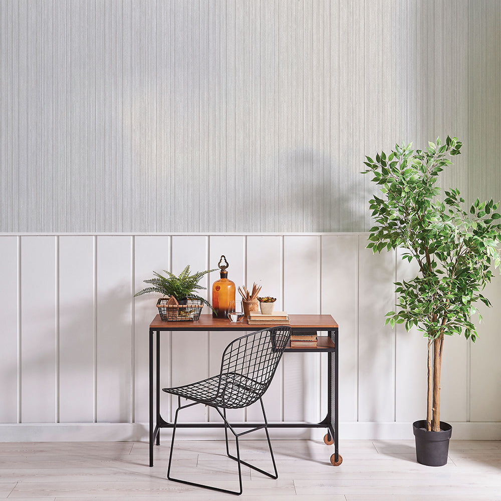 Faux Grasscloth Removable Wallpaper - A wood desk with a black chair and a plant in a room featuring Faux Grasscloth Peel And Stick Wallpaper in textured sterling silver | Tempaper#color_textured-sterling-silver