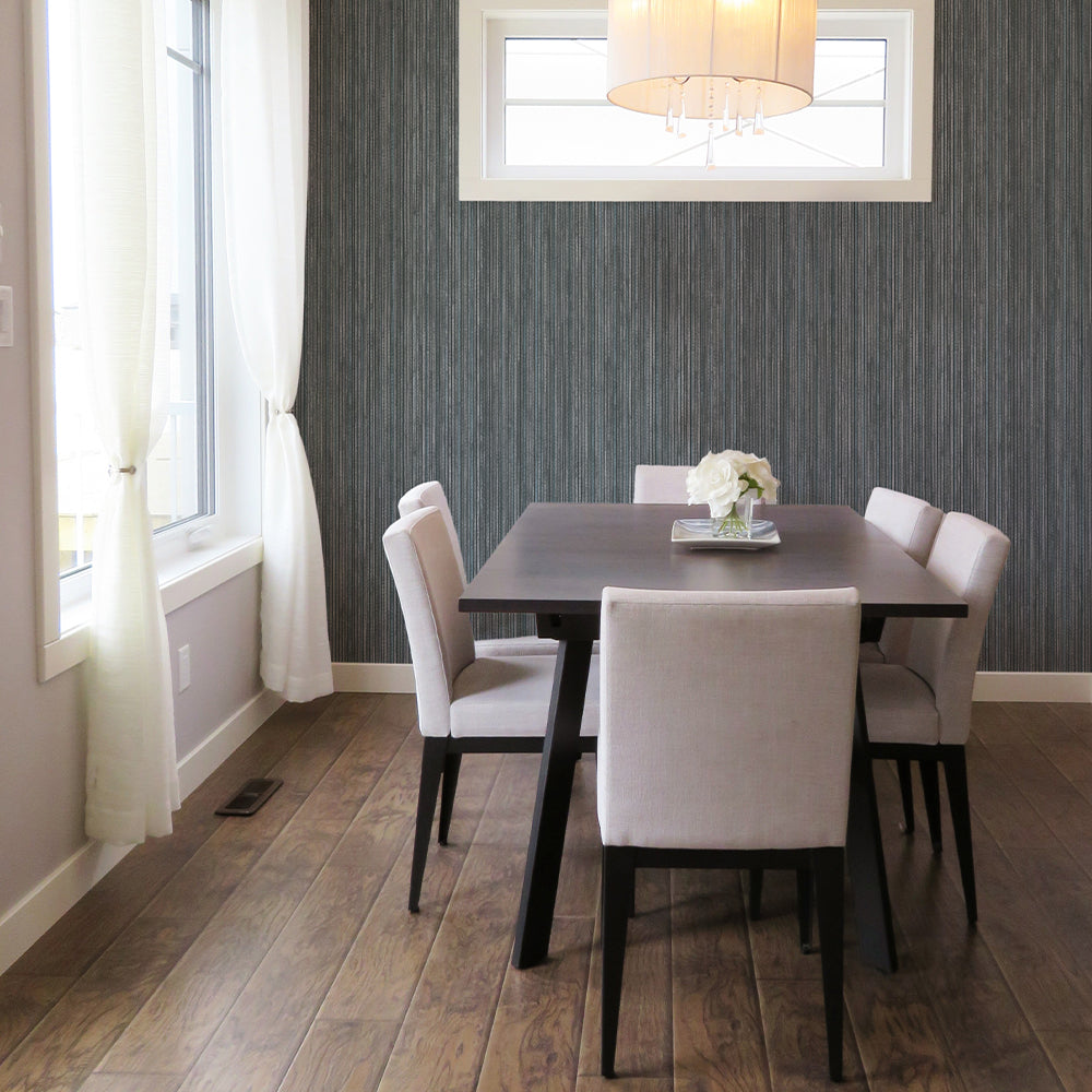 Faux Grasscloth Removable Wallpaper - A brown table and white chairs in a dining room featuring Faux Grasscloth Peel And Stick Wallpaper in textured chambray | Tempaper#color_textured-chambray