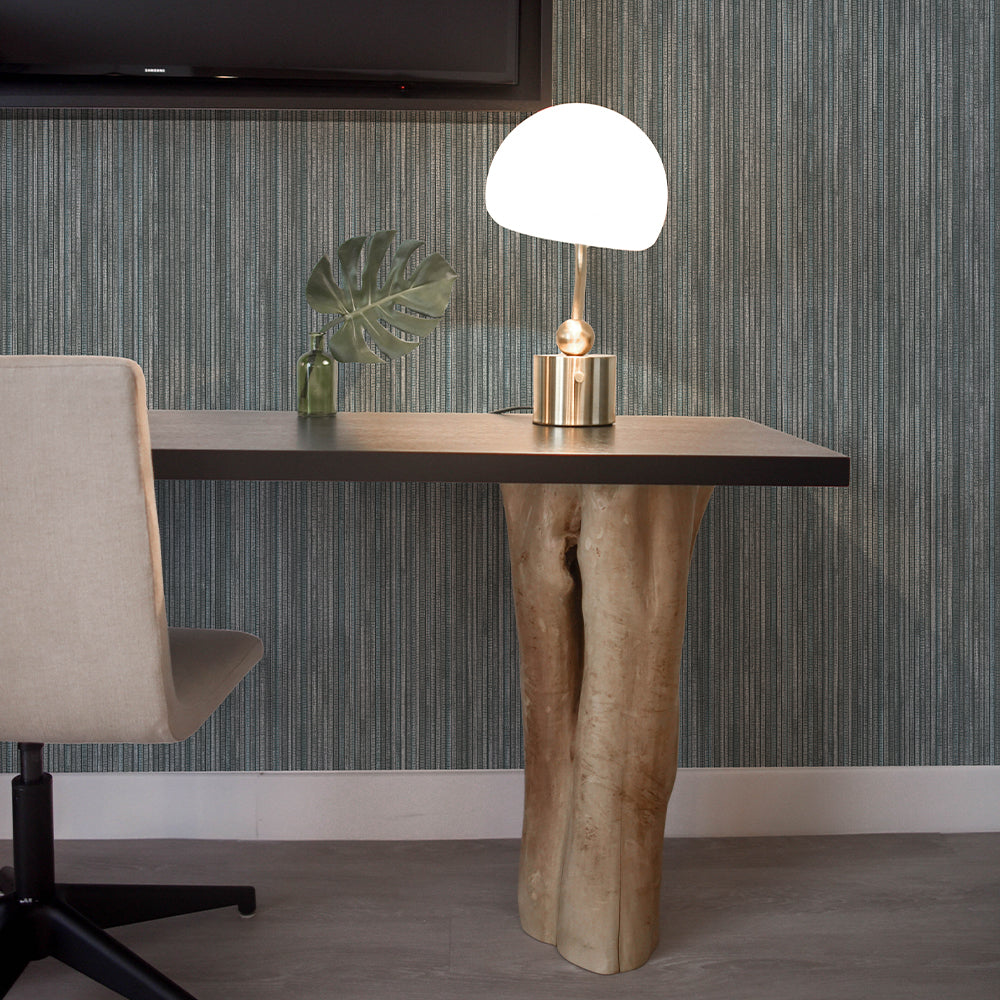 Faux Grasscloth Removable Wallpaper - A desk and chair in an office featuring Faux Grasscloth Peel And Stick Wallpaper in textured chambray | Tempaper#color_textured-chambray