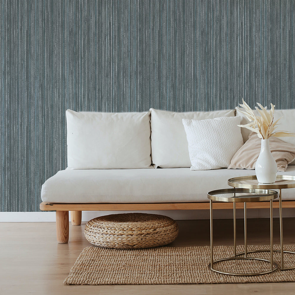 Faux Grasscloth Removable Wallpaper - A white couch and metal coffee table in front of Faux Grasscloth Peel And Stick Wallpaper in textured chambray | Tempaper#color_textured-chambray