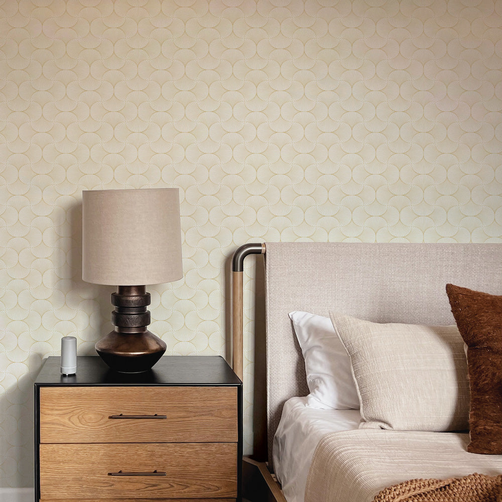 Gilded Scallop Non-Pasted Wallpaper - A brown nightstand and bed with Gilded Scallop Unpasted Wallpaper in porcelain | Tempaper#color_porcelain