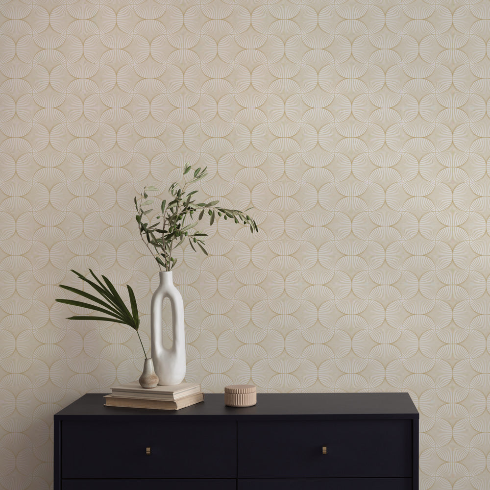 Gilded Scallop Non-Pasted Wallpaper - A black dresser and plants with Gilded Scallop Unpasted Wallpaper in porcelain | Tempaper#color_porcelain
