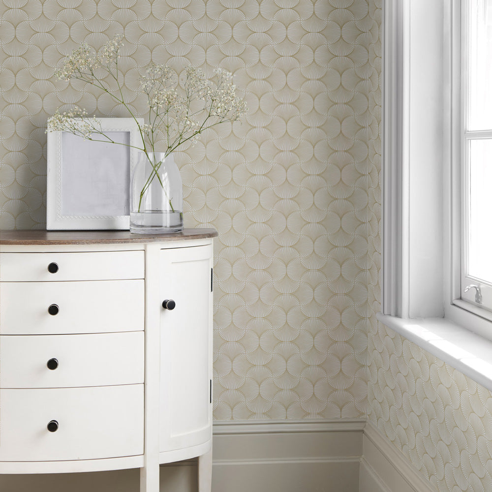 Gilded Scallop Non-Pasted Wallpaper - A white dresser and picture frame with Gilded Scallop Unpasted Wallpaper in porcelain | Tempaper#color_porcelain