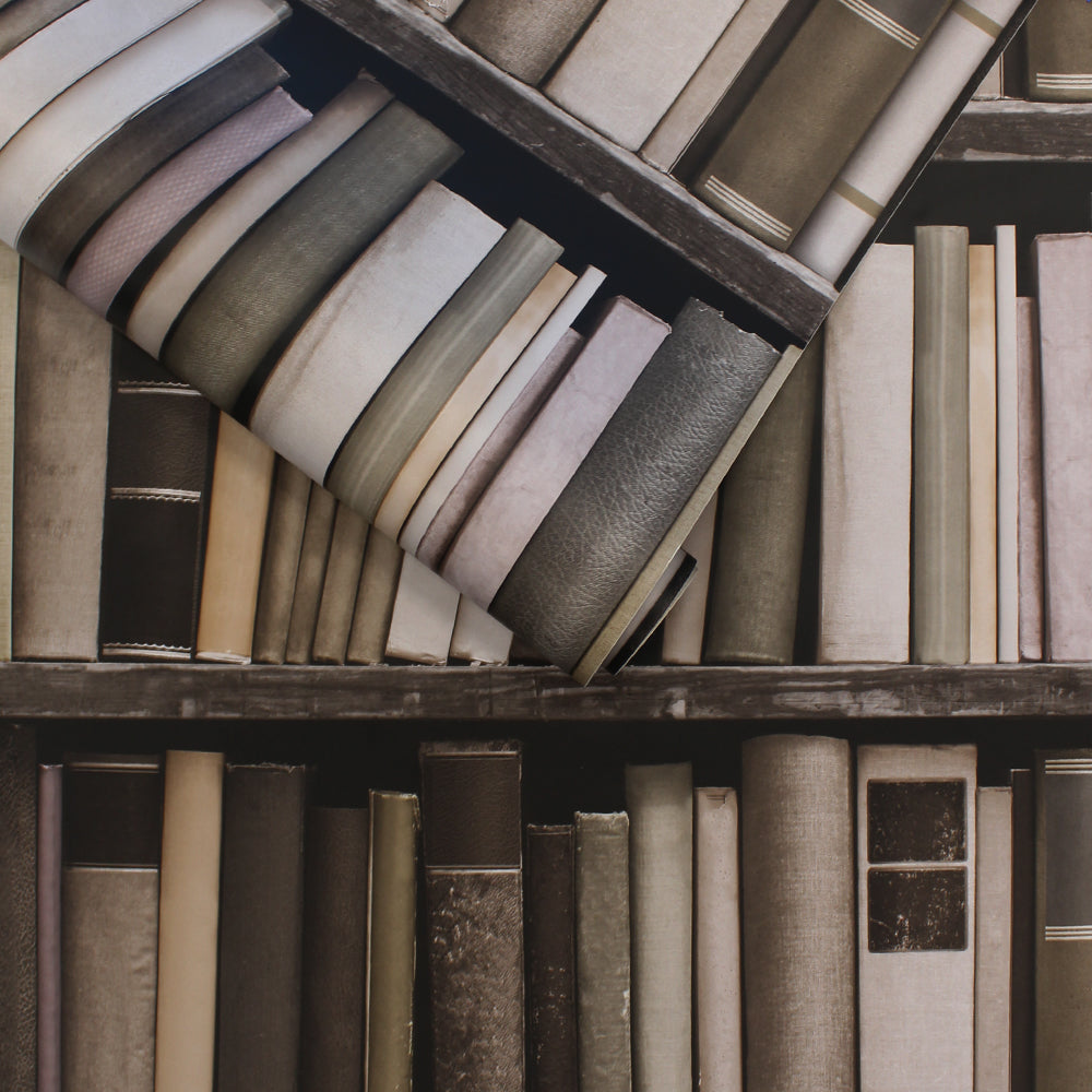 An up-close swatch of bookshelf peel and stick wallpaper.