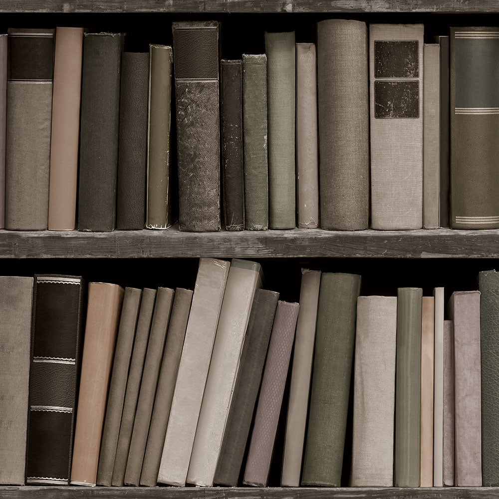 Up-close swatch of Bookshelf peel and stick wallpaper featuring rows of books.