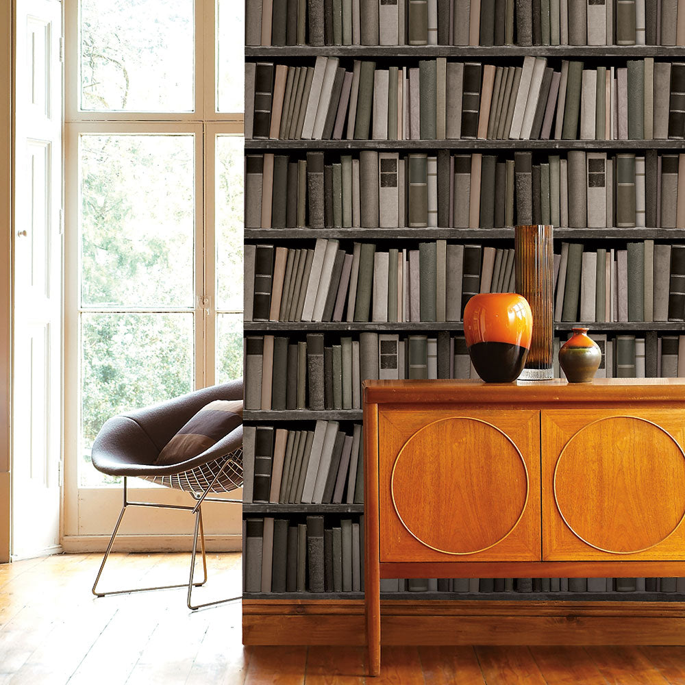 Bookshelf peel and stick wallpaper displayed behind an entryway table and vases.