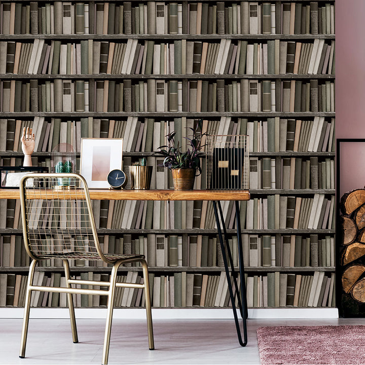 Bookshelf peel and stick wallpaper displayed behind a wooden desk and metal chair.