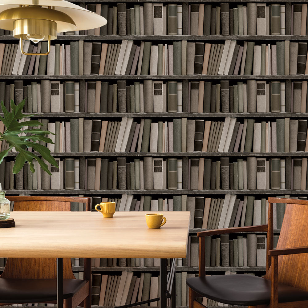 Bookshelf peel and stick wallpaper displayed next to a dining room table.