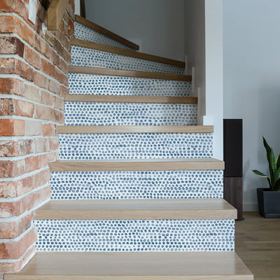 Moire Dots Removable Wallpaper - A brick wall with stairs featuring Tempaper's Moire Dots Peel And Stick Wallpaper in blue moon dots | Tempaper#color_blue-moon-dots