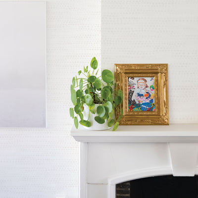 Moire Dots Removable Wallpaper - A fireplace mantle with a plant and picture on top in a room featuring Tempaper's Moire Dots Peel And Stick Wallpaper in light tan dots | Tempaper#color_light-tan-dots