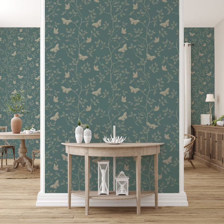 Monarch Non-Pasted Wallpaper - A living room hallway featuring Monarch Unpasted Wallpaper in spruce | Tempaper#color_spruce