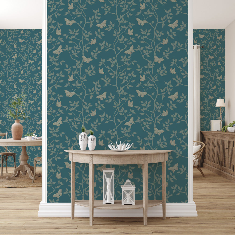 Monarch Non-Pasted Wallpaper - A living room hallway featuring Monarch Unpasted Wallpaper in spruce | Tempaper#color_spruce