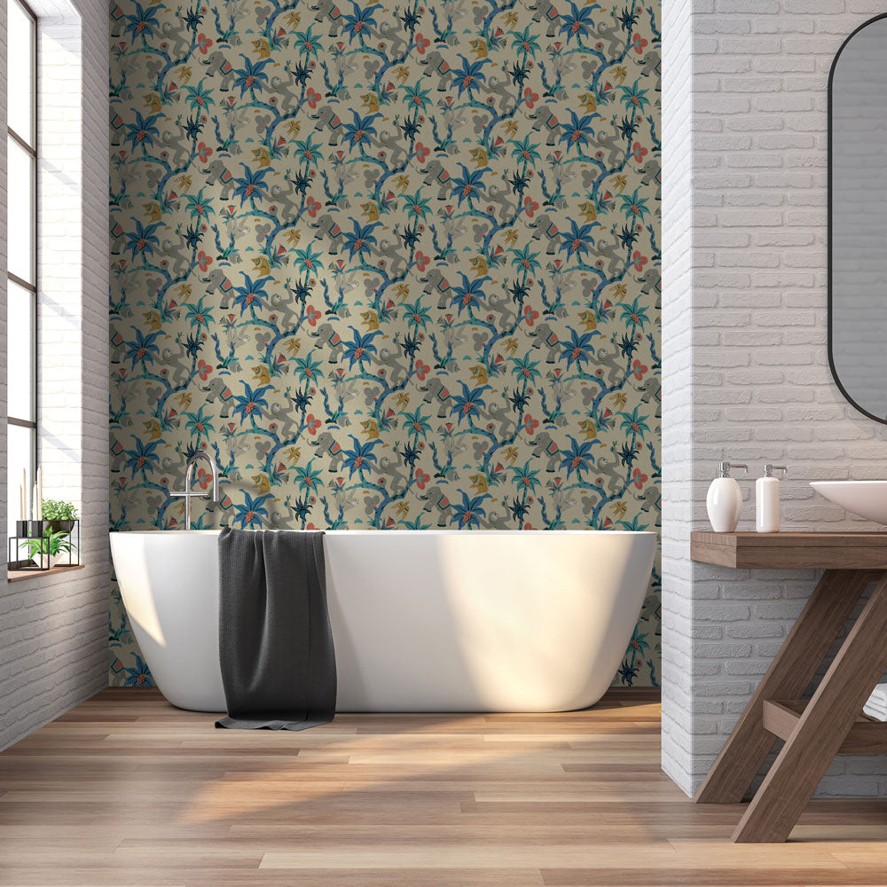 Monkey Business Removable Wallpaper By Novogratz - A white tub and wood vanity in a bathroom featuring Monkey Business Peel And Stick Wallpaper By Novogratz in banana blossom | Tempaper#color_banana-blossom