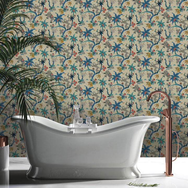 Monkey Business Removable Wallpaper By Novogratz - A white tub and copper faucet in a bathroom featuring Monkey Business Peel And Stick Wallpaper By Novogratz in banana blossom | Tempaper#color_banana-blossom