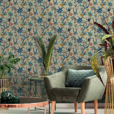 Monkey Business Removable Wallpaper By Novogratz - A green chair, rose gold table, and several plants in a room featuring Monkey Business Peel And Stick Wallpaper By Novogratz in banana blossom | Tempaper#color_banana-blossom