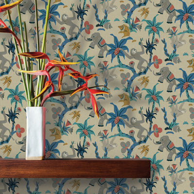 Monkey Business Removable Wallpaper By Novogratz - A wood shelf with a white vase and plant in a room featuring Monkey Business Peel And Stick Wallpaper By Novogratz in banana blossom | Tempaper#color_banana-blossom