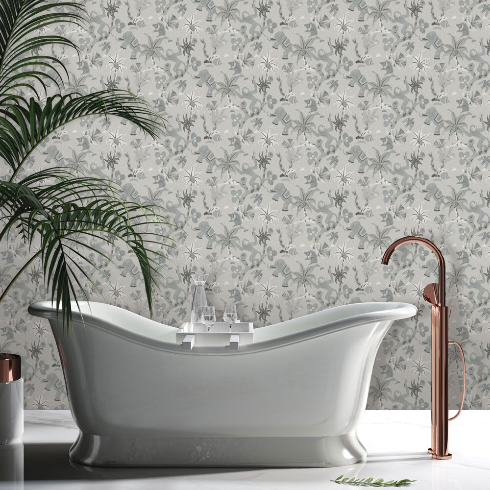 Monkey Business Removable Wallpaper By Novogratz - A white tub and copper faucet in a bathroom featuring Monkey Business Peel And Stick Wallpaper By Novogratz in forest fog | Tempaper#color_forest-fog