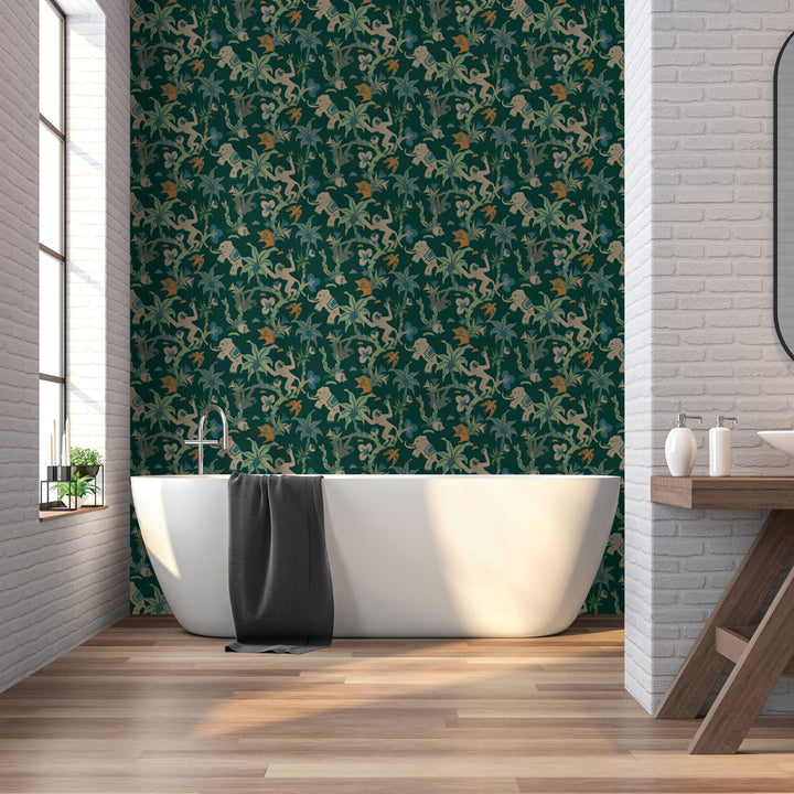 Monkey Business Removable Wallpaper By Novogratz - A white tub and wood vanity in a bathroom featuring Monkey Business Peel And Stick Wallpaper By Novogratz in jade parade | Tempaper#color_jade-parade