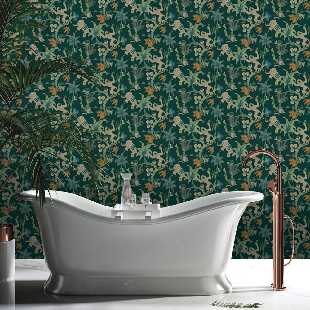 Monkey Business Removable Wallpaper By Novogratz - A white tub and copper faucet in a bathroom featuring Monkey Business Peel And Stick Wallpaper By Novogratz in jade parade | Tempaper#color_jade-parade